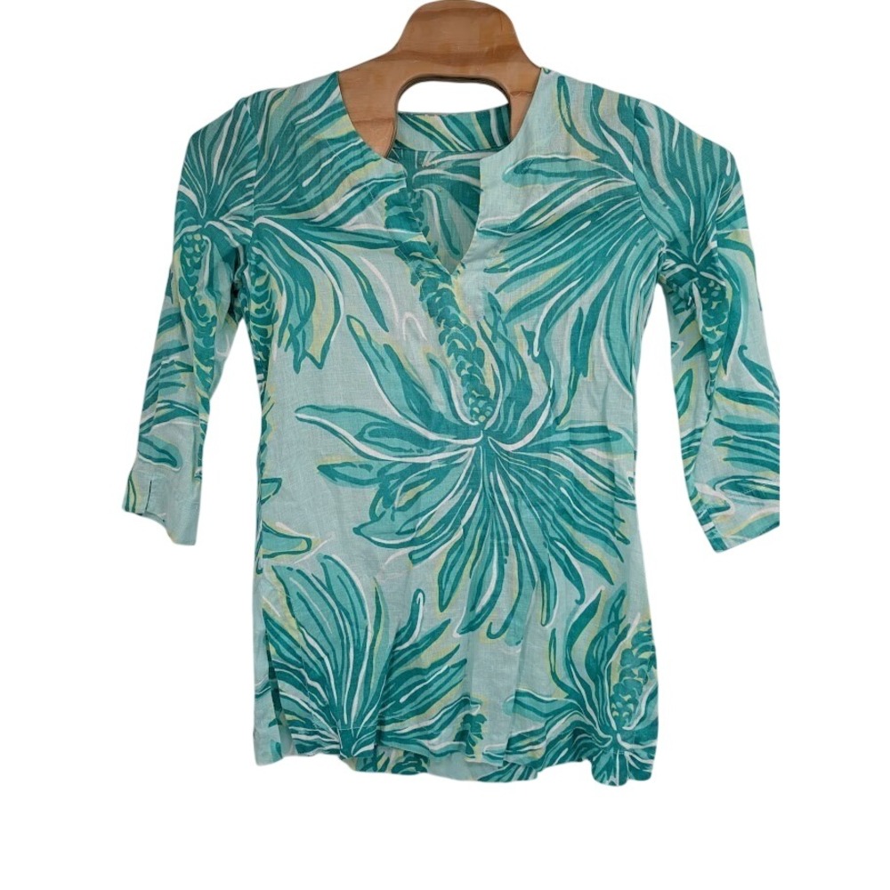 Lilly Pulitzer Marco Island Palm Print Linen‎ Tunic Cover Up Aqua Size S